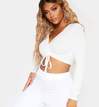 Plt - Shape White Ribbed Long Sleeve Ruched Front Crop Top