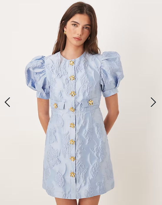 Sister Jane Anemone exclusive jacquard puff sleeve gold flower button up mini dress in cerulean blue