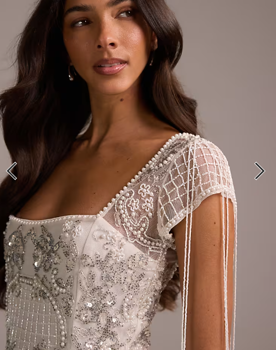 ASOS DESIGN fringe embellished square neck maxi wedding dress in ivory
