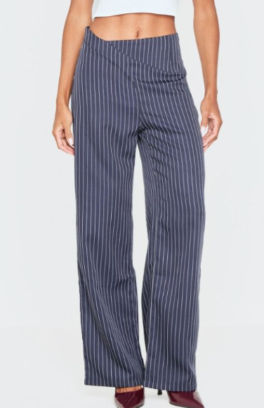 Plt - Navy Pinstripe Dipped Waist Straight Leg Trousers