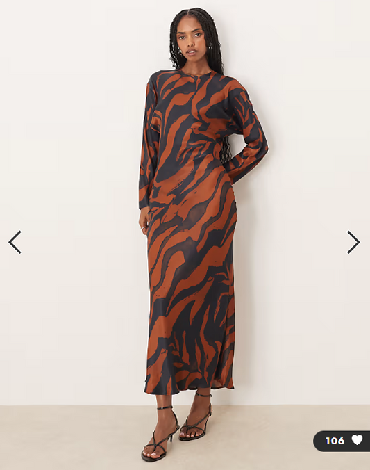 ASOS DESIGN balloon sleeve crew neck satin slip maxi dress in animal print
