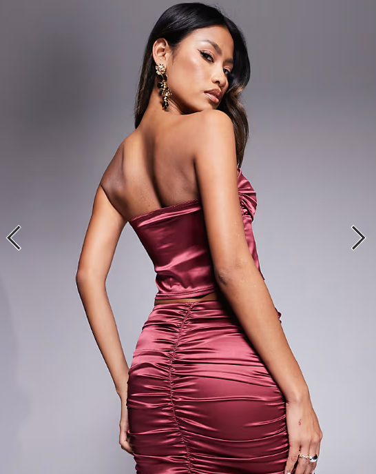ASOS DESIGN co-ord stretch satin ruched bust bandeau top in berry