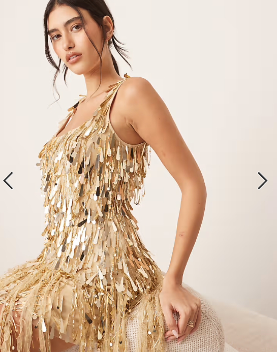 ARRANGE embellished fringe hem scoop neck mini dress with in gold