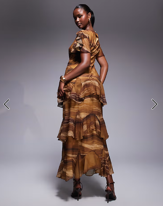 ASOS DESIGN ruffle chiffon maxi dress in chocolate abstract print