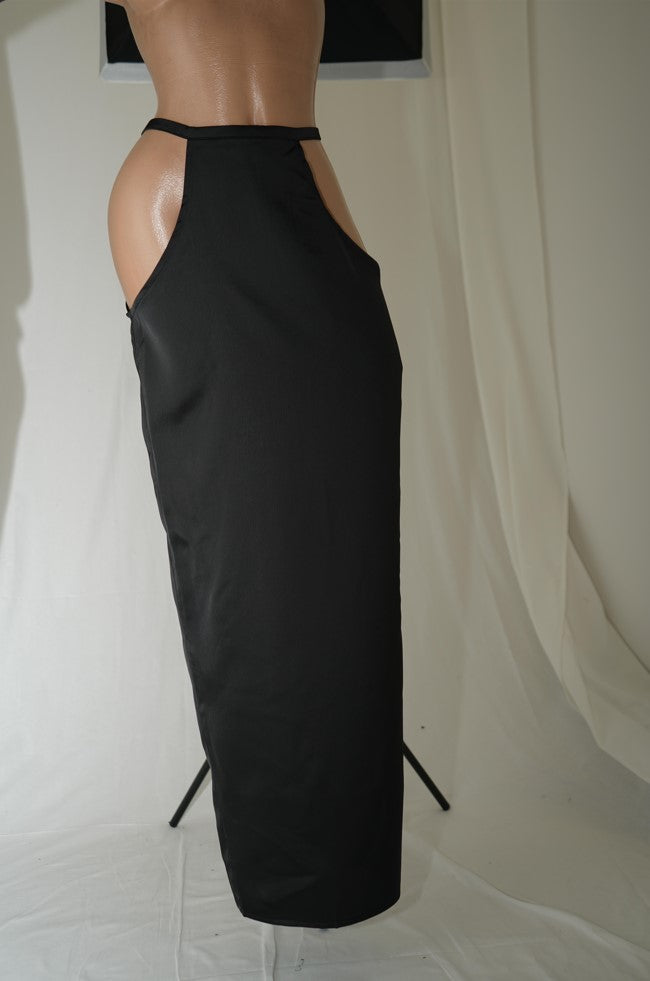Black Satin Cut Out Side Detail Midi Skirt