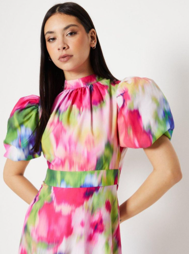 Blurred Floral Puff Sleeve Midaxi Dress