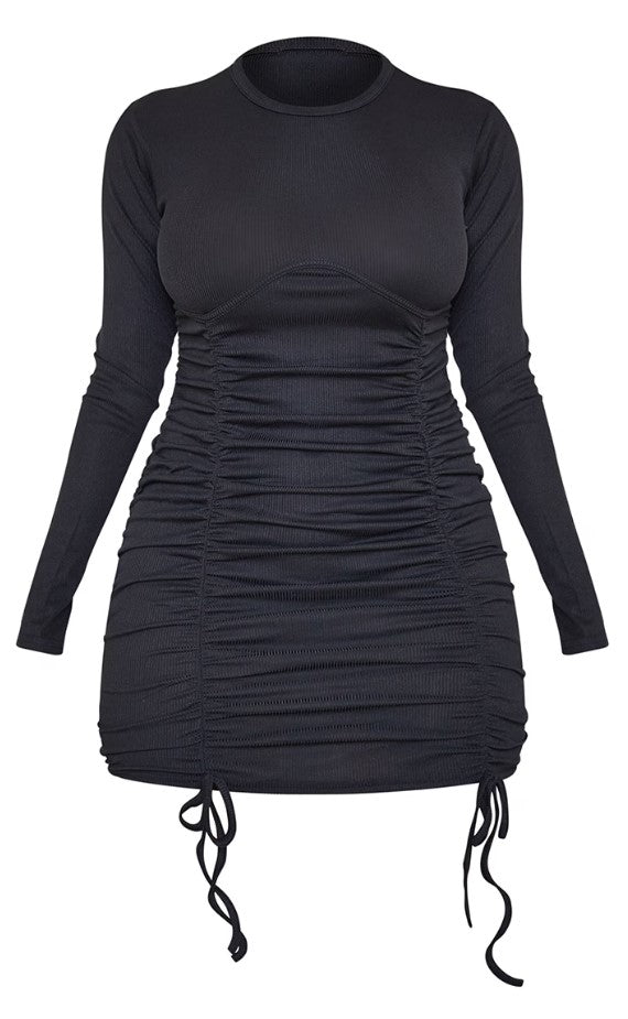 Shape Black Rib Underbust Detail Long Sleeve Ruched Bodycon Dress