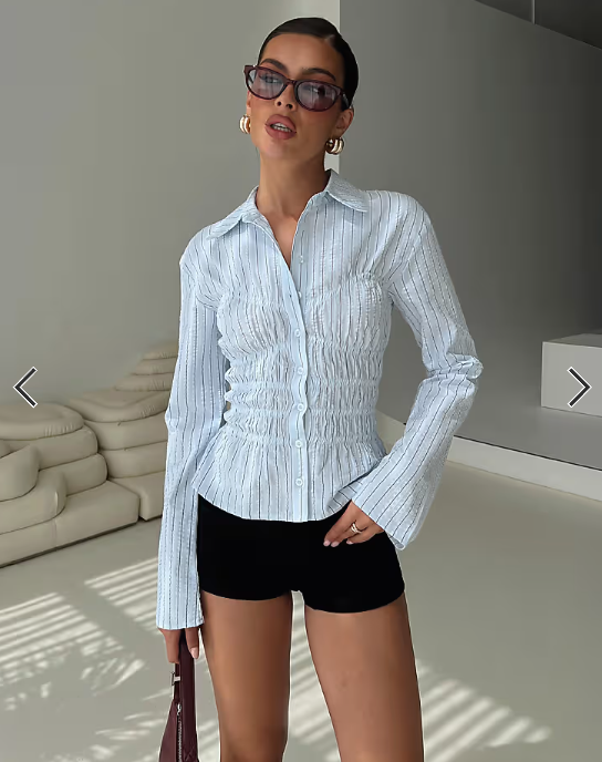 Princess Polly Liesel flare sleeve shirred detail shirt in blue stripe