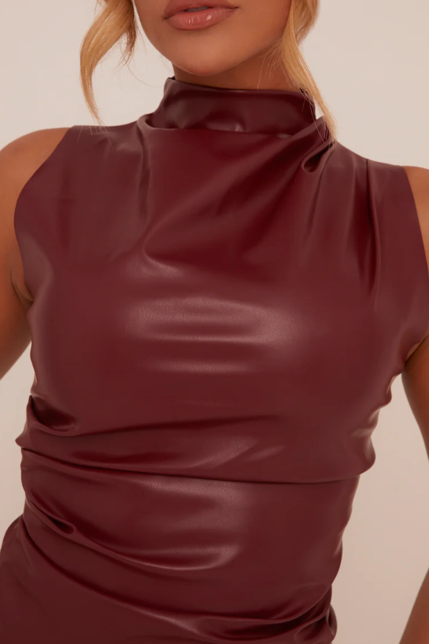 Rebellious - Burgundy Faux Leather Ruched Top - Danica