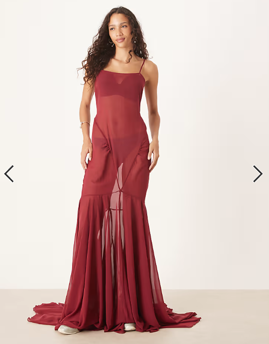 ASOS DESIGN chiffon cut about seam detail maxi slip dress in burgundy