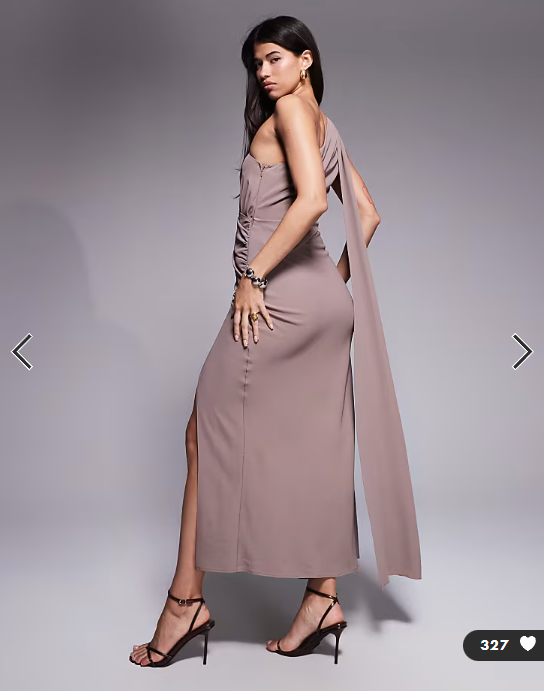 ASOS DESIGN asymmetric one shoulder crepe maxi dress with gold trim detail in mocha
