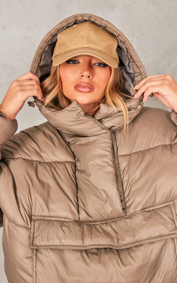 Sage Khaki Statement Pocket Pull Over Puffer Coat