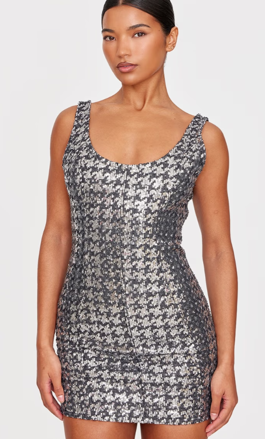 Prettylittlething Silver Sequin Denim Mini Dress
