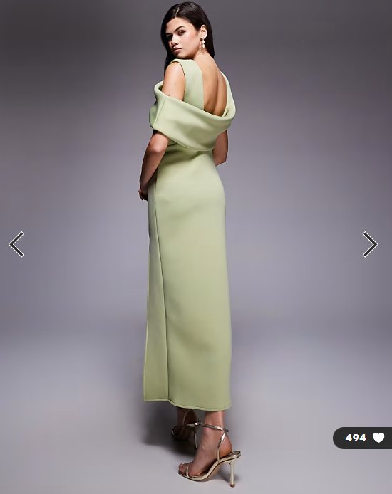 ASOS DESIGN drape cut out shoulder pencil dress in sage green scuba-style fabric
