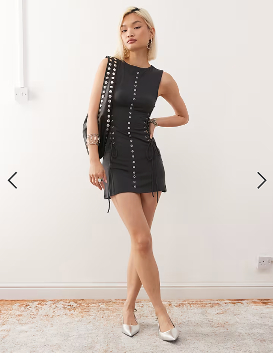 Weekday mini dress with eyelet detail in off-black