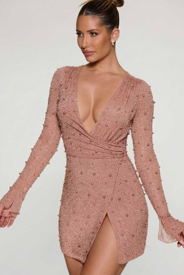 OhPolly-Embellished Wrap Over A-Line Mini Dress in Beige