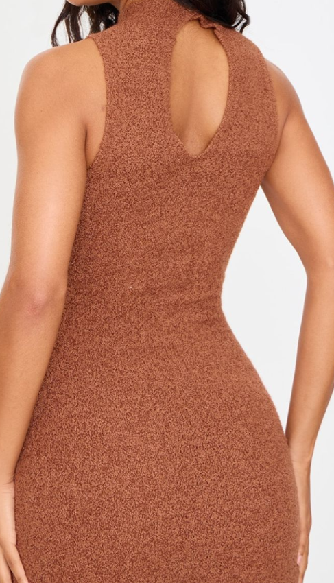 Mocha Fluffy Boucle Knit Racer Dress