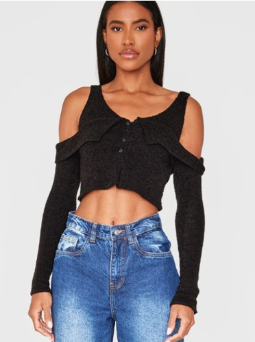 Black Boucle Knit Cold Shoulder Button Up Top