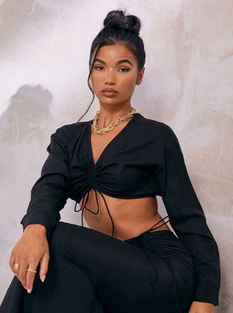 Black Woven V Neck Ruched Tie Front Long Sleeve Crop Top