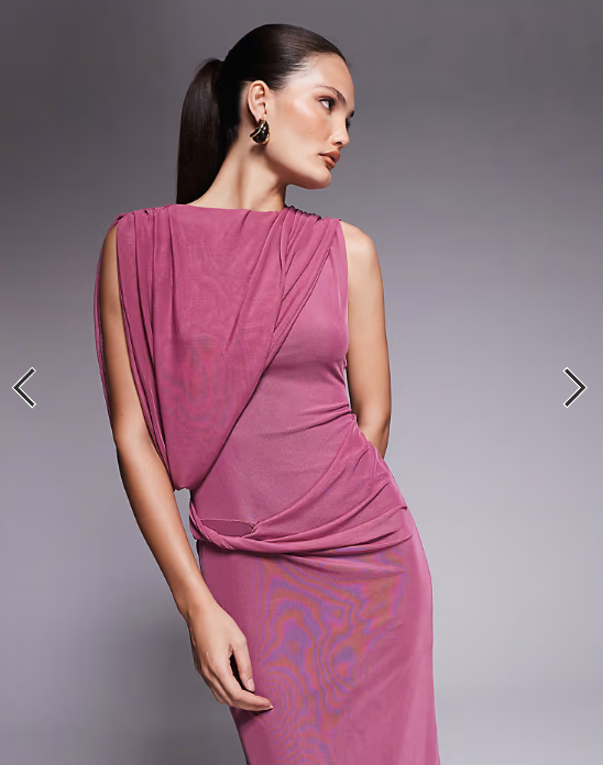 ASOS DESIGN mesh draped one shoulder midi dress in dark cherry
