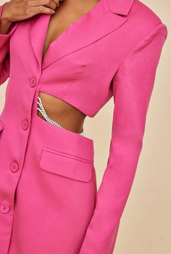 Hot Pink Side Cut Out Diamante Strap Detail Blazer Dress