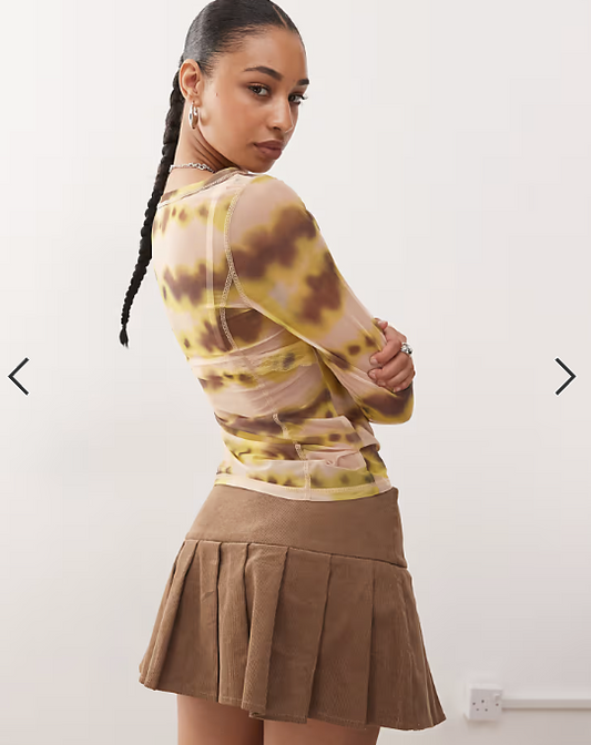 Monki mesh semi sheer long sleeve top in beige and yellow print