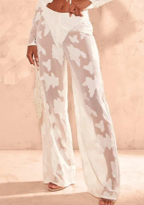 Cream Sheer Woven Floral Devore Wide Leg Trousers.