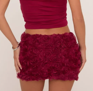 Ego Square Neck Top And 3D Flower Detail Mini Skirt Co-Ord Set In Burgundy