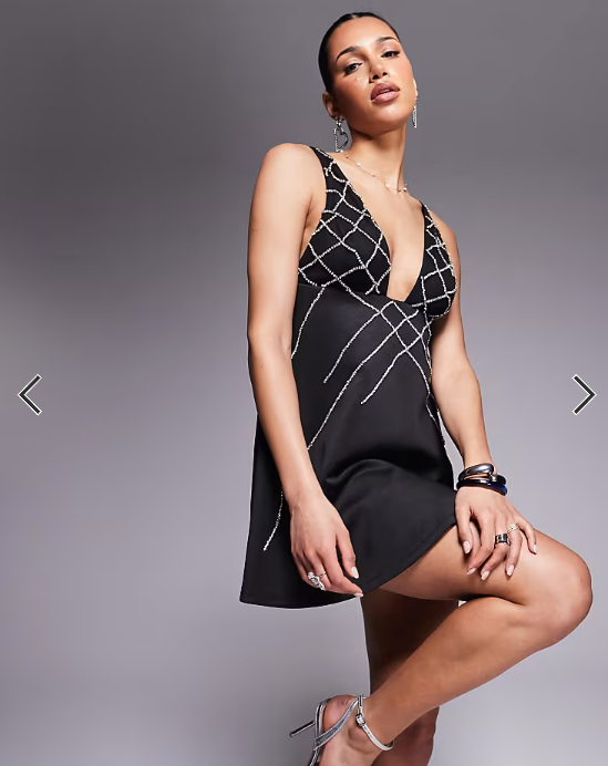 ASOS DESIGN plunge a-line mini dress with diamante embellishment in black scuba-style fabric