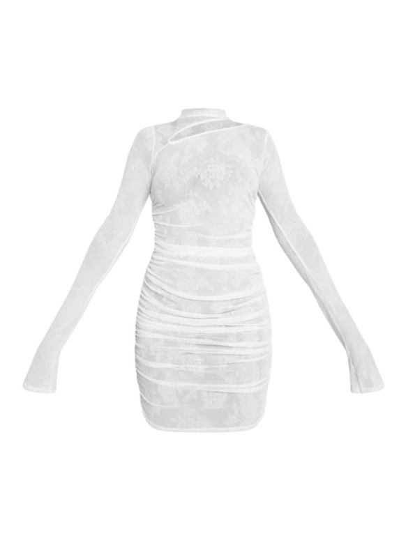 Cream Flocked Mesh High Neck Cut Out Ruched Bodycon Dress