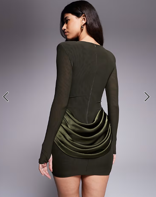 Wanderdoll Storm sculpting shoulder pad detail satin drape waist mini dress in forest green