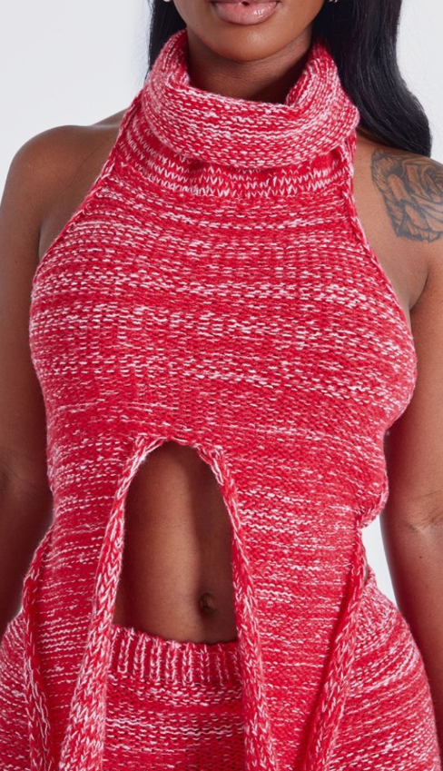 Shape Red Contrast Knit High Neck Crop Top