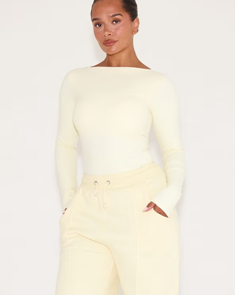 Prettylittlething Shape BUTTER CREAM Built In Bra Sculpt Boat Neck Long Sleeve Bodysuit