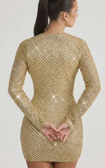OhPolly-Embellished Cowl-Neck Mini Dress in Gold