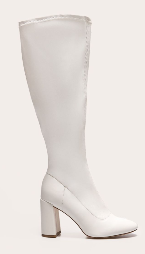 Plt - Cream PU Wide Fit Round Toe Knee High Block Heeled Sock Boots