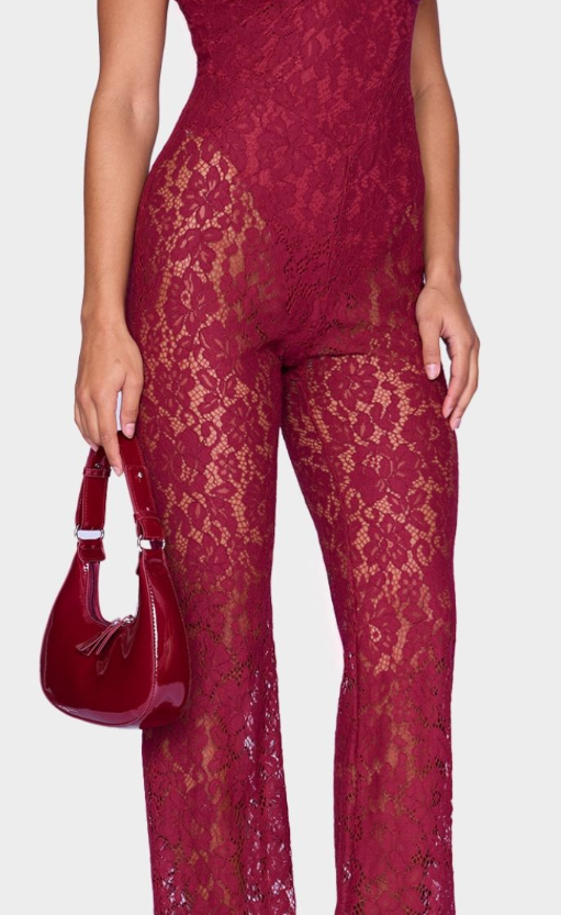 Burgundy Lace Boning Detail Strappy Flared Jumpsuit