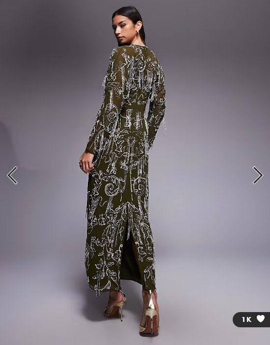 ASOS DESIGN long sleeve all over fringe embellished maxi dress in khaki