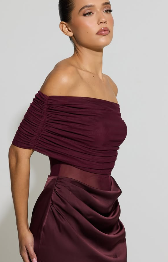 Aria Cove - bardot sheer panel drape detail fishtail satin maxi dress in burgundy