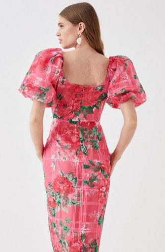 Organza Pencil Dress With Puff Sleeve