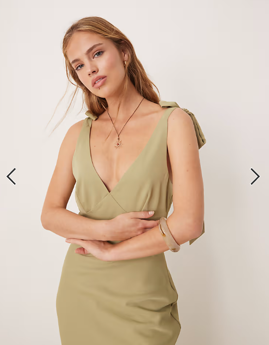 Pretty Lavish Piper crepe bow shoulder midaxi dress in olive