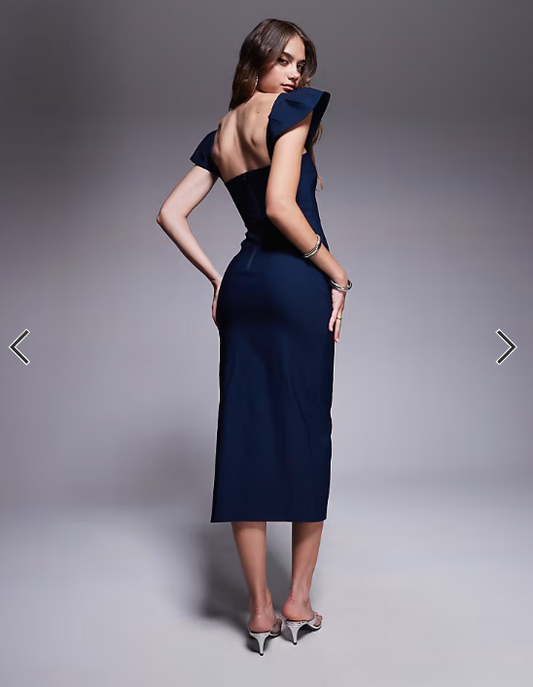 Vesper bengaline square neck ruffle sleeve side split midaxi dress in navy