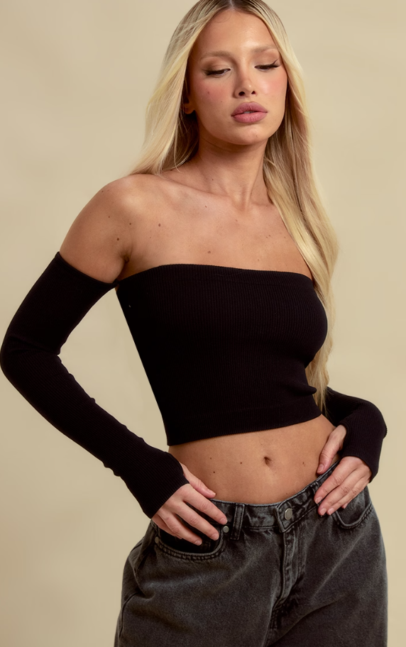 Black Structured Contour Rib Bardot Crop Top