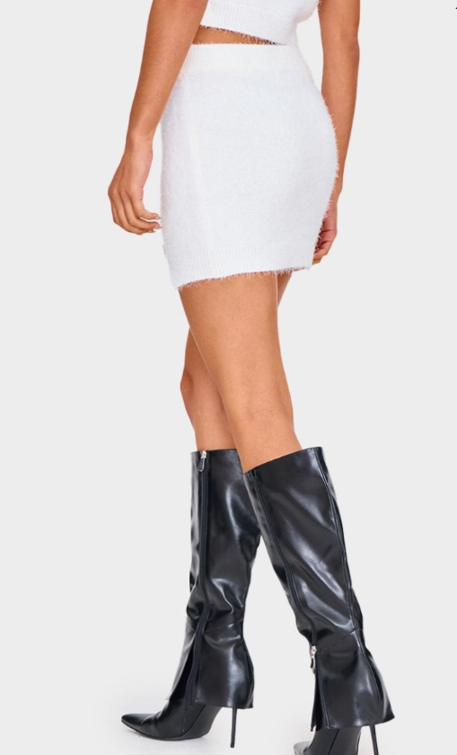 Plt - White Fluffy Knit Embellised Mini Skirt