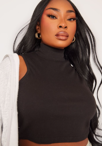 Plus Black Basic Rib High Neck Sleeveless Crop Top