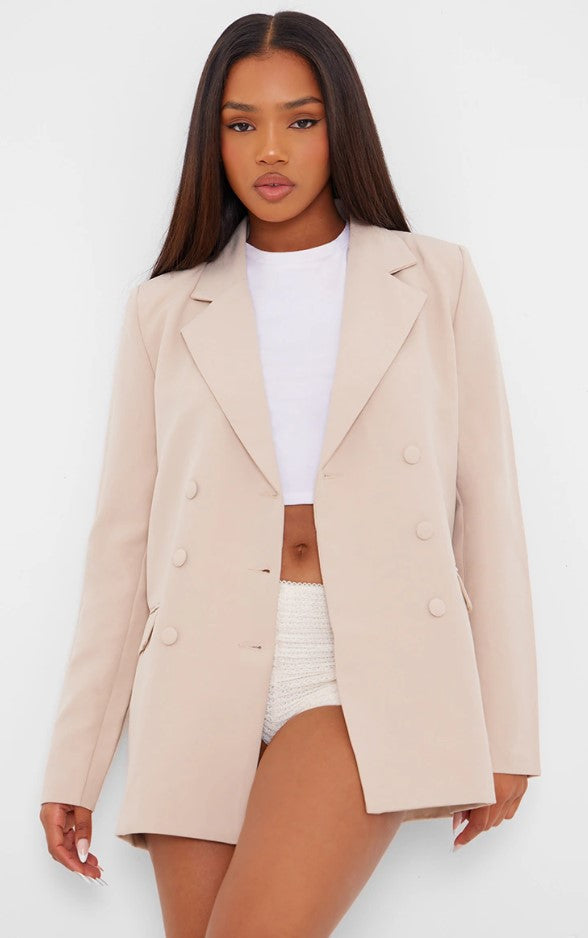 Stone Oversized Double Breasted Covered Button Blazer