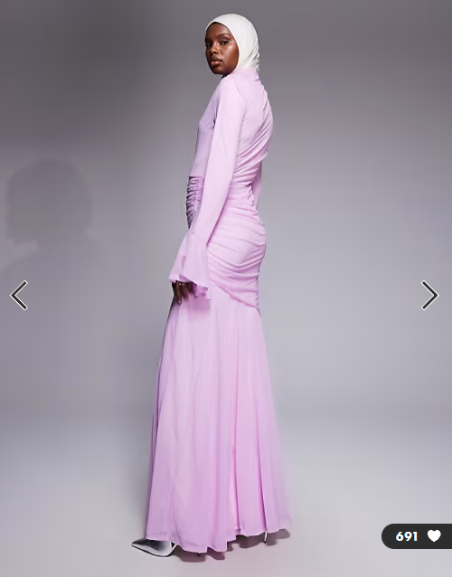 ASOS DESIGN stretch chiffon ruched draped waist maxi dress with fluted sleeve in baby pink