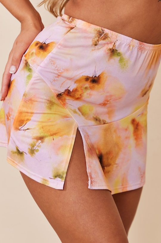 Pink Floral Print Slinky Split Hem Micro Mini Skirt