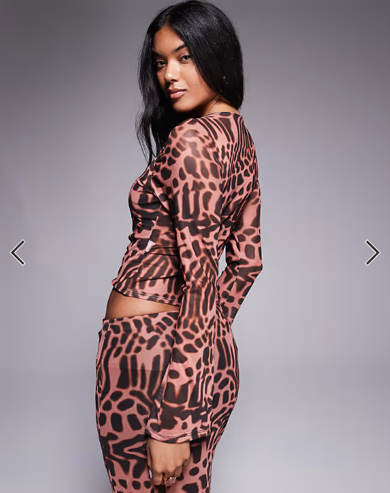 ASOS DESIGN co-ord mesh flare sleeve top in animal print