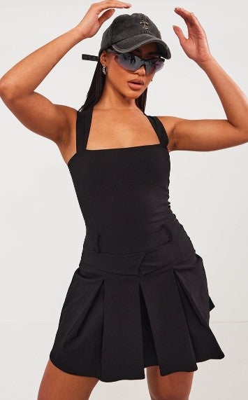 Black Stretch Woven Pleated Square Neck Shift Dress