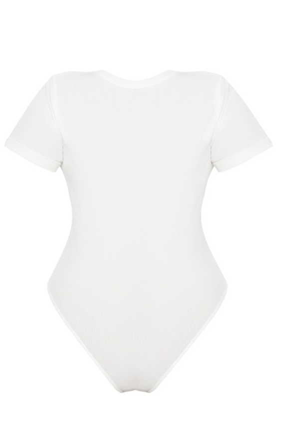 Plus White Ribbed Plunge Short Sleeve Bodysuit